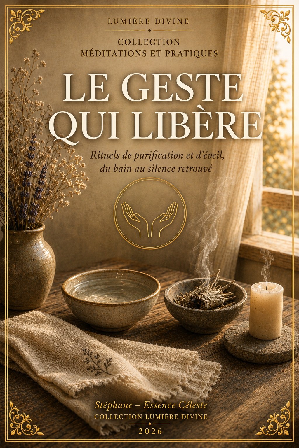 Couverture du livre Le Geste qui Libère, collection Méditations et Pratiques, Lumière Divine - bol d'eau claire, fumigation de sauge et bougie allumée sur une table en bois devant une fenêtre lumineuse