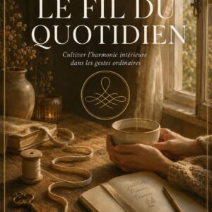 Couverture du livre Le Fil du Quotidien, collection Méditations et Pratiques, Lumière Divine - mains tenant une tasse fumante près d'un carnet ouvert, d'une bobine de fil et d'une clé ancienne sur une table en bois, devant une fenêtre lumineuse