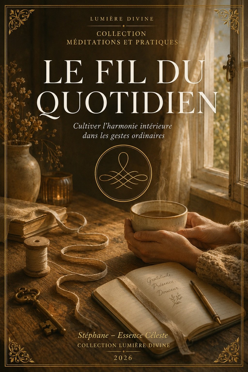 Couverture du livre Le Fil du Quotidien, collection Méditations et Pratiques, Lumière Divine - mains tenant une tasse fumante près d'un carnet ouvert, d'une bobine de fil et d'une clé ancienne sur une table en bois, devant une fenêtre lumineuse