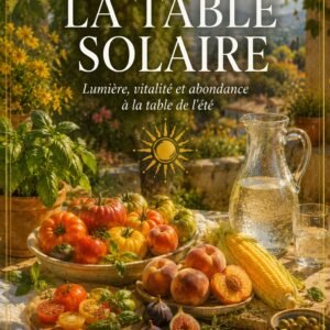 Couverture du livre numérique "La Table Solaire" de la collection Alimentation Vivante et Saisons, Lumière Divine - nature morte estivale de tomates anciennes, pêches, figues et maïs sur une table en bois, avec une carafe d'eau fraîche, devant un paysage méditerranéen ensoleillé