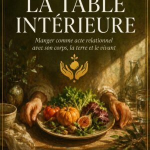 Couverture du livre numérique "La Table Intérieure" de la collection Alimentation Vivante et Saisons, Lumière Divine - nature morte de légumes et fruits de saison (tomate, courge, figue, salade) sur une assiette en céramique, encadrée par deux mains ouvertes, dans une lumière chaude de fin de journée