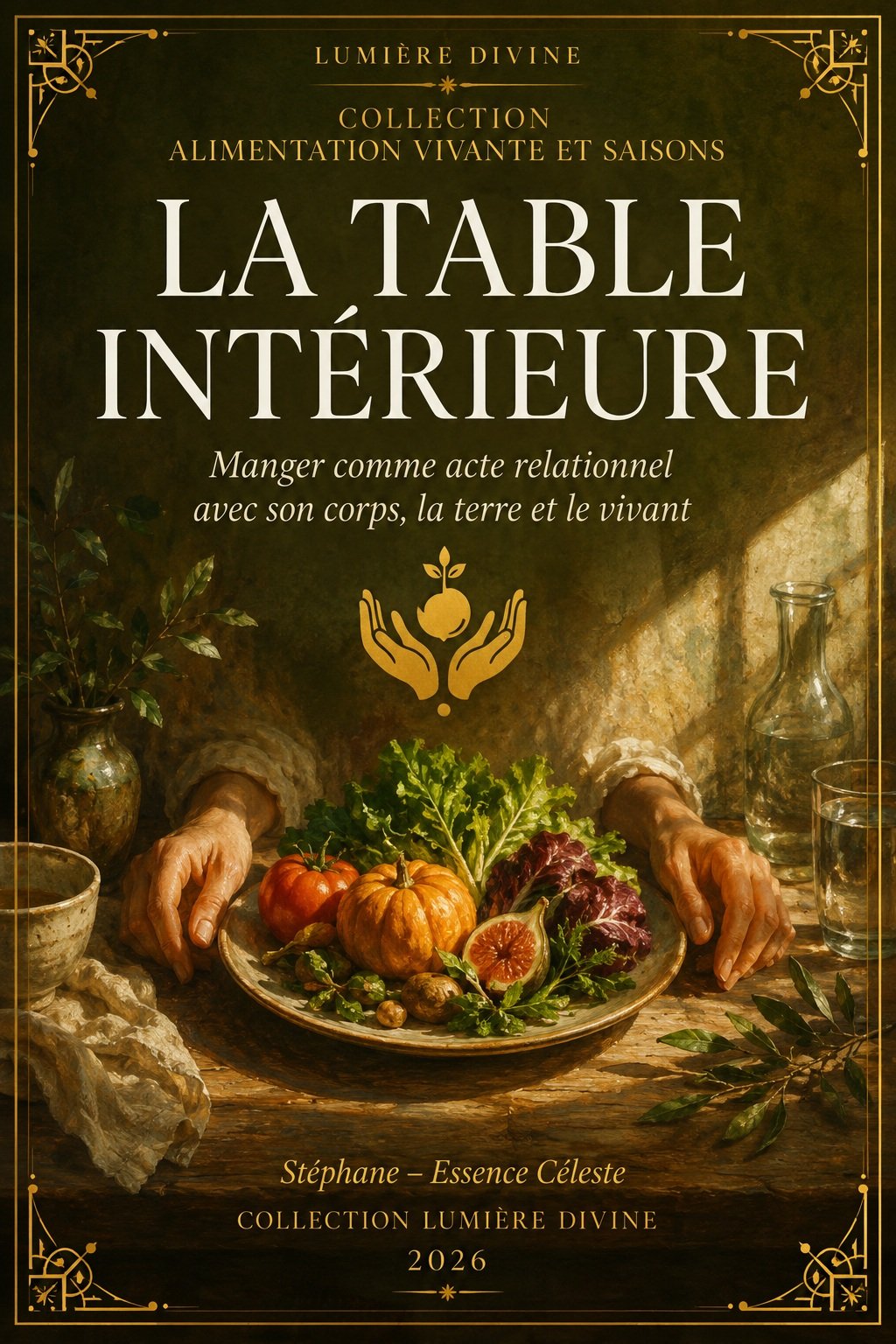 Couverture du livre numérique "La Table Intérieure" de la collection Alimentation Vivante et Saisons, Lumière Divine - nature morte de légumes et fruits de saison (tomate, courge, figue, salade) sur une assiette en céramique, encadrée par deux mains ouvertes, dans une lumière chaude de fin de journée