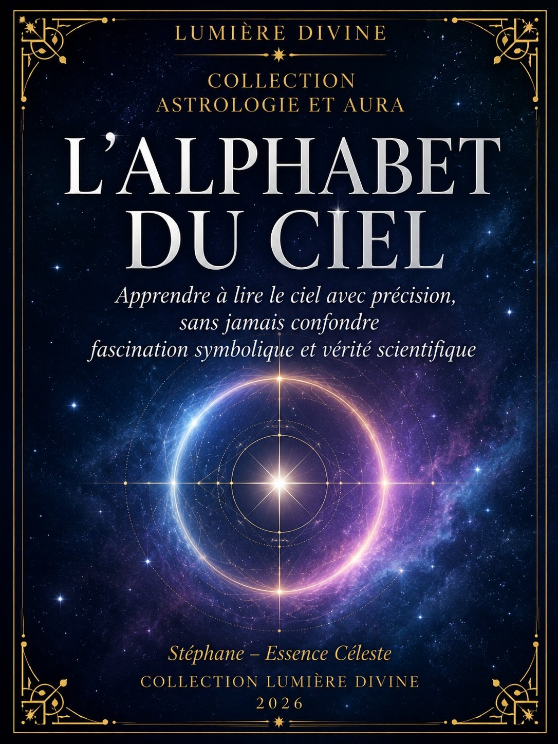 Couverture de l'ebook L'Alphabet du Ciel, collection Astrologie et Aura, Lumière Divine - halo céleste lumineux bleu et violet sur fond étoilé