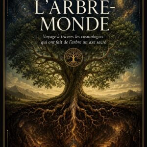 Couverture du livre numérique "L'Arbre-Monde" de la collection Arbres et Nature Sacrée, Lumière Divine - arbre majestueux aux racines et branches symétriques, reliant un ciel étoilé à un monde souterrain doré, avec un médaillon central représentant l'arbre de vie