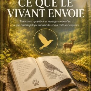 Couverture du livre Ce Que le Vivant Envoie, collection Signes et Synchronicités, Lumière Divine - carnet d'observation naturaliste ouvert sur une souche, avec un cerf en arrière-plan dans une clairière ensoleillée