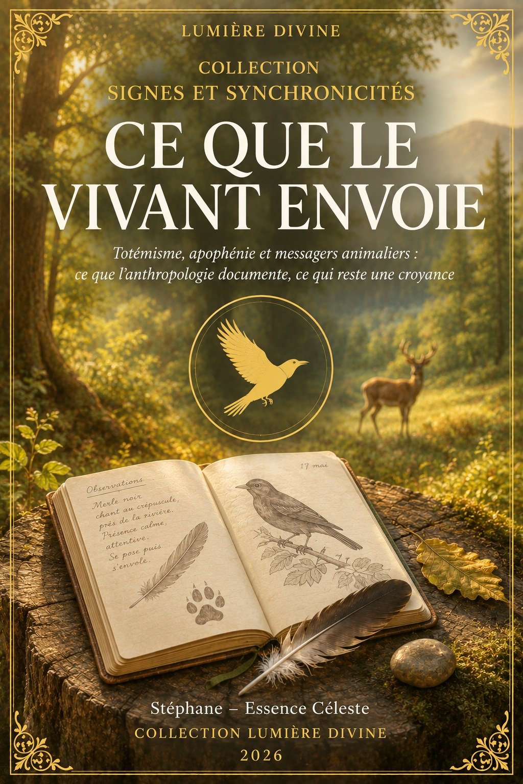Couverture du livre Ce Que le Vivant Envoie, collection Signes et Synchronicités, Lumière Divine - carnet d'observation naturaliste ouvert sur une souche, avec un cerf en arrière-plan dans une clairière ensoleillée
