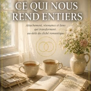 Couverture du livre Ce Qui Nous Rend Entiers, collection Connexions d'Âmes, Lumière Divine - deux tasses de thé, un livre ouvert et un bouquet de fleurs sur une table en bois devant une fenêtre lumineuse