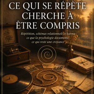 Couverture du livre Ce Qui Se Répète Cherche à Être Compris, collection Connexions d'Âmes, Lumière Divine - boîte à musique ancienne, disque vinyle et photographies disposées en spirale sur une table en bois devant une fenêtre au coucher du soleil