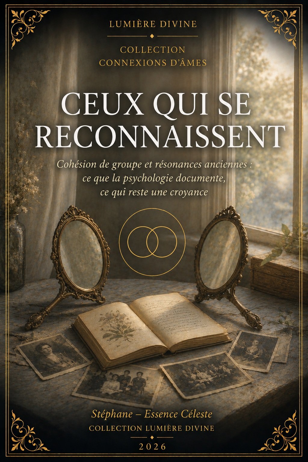Couverture du livre Ceux Qui Se Reconnaissent, collection Connexions d'Âmes, Lumière Divine - deux miroirs anciens face à face autour d'un carnet manuscrit et de photographies en noir et blanc, sur une table devant une fenêtre lumineuse