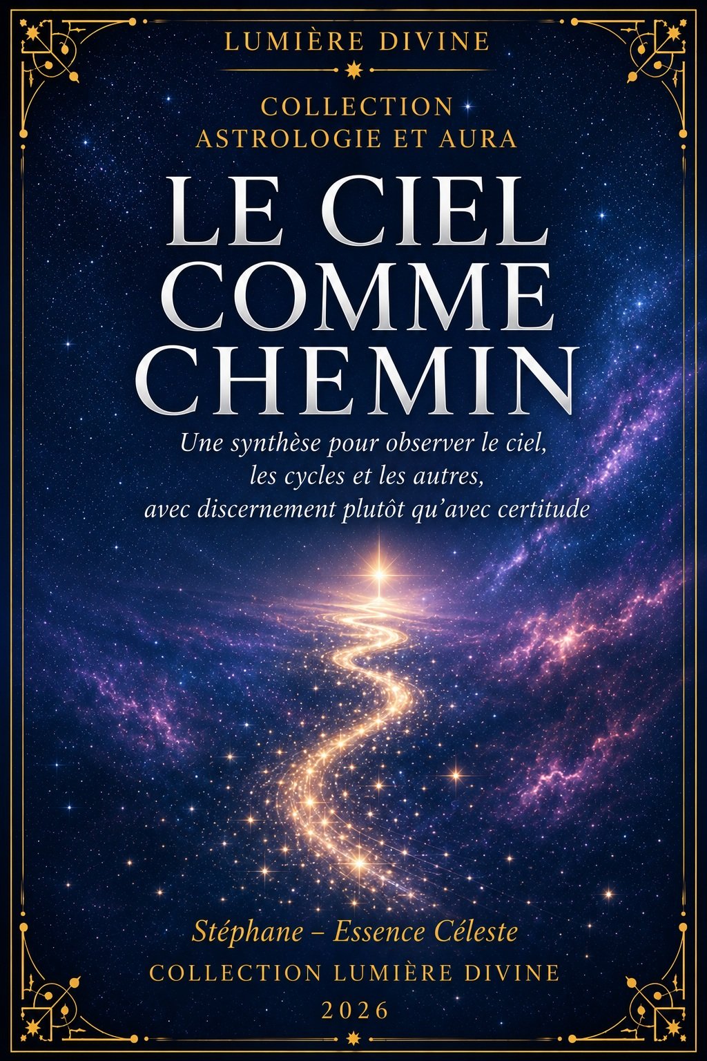 Couverture de l'ebook Le Ciel Comme Chemin, collection Astrologie et Aura, Lumière Divine - sentier d'étoiles doré menant vers une lumière lointaine sur fond de nébuleuse bleu et violet