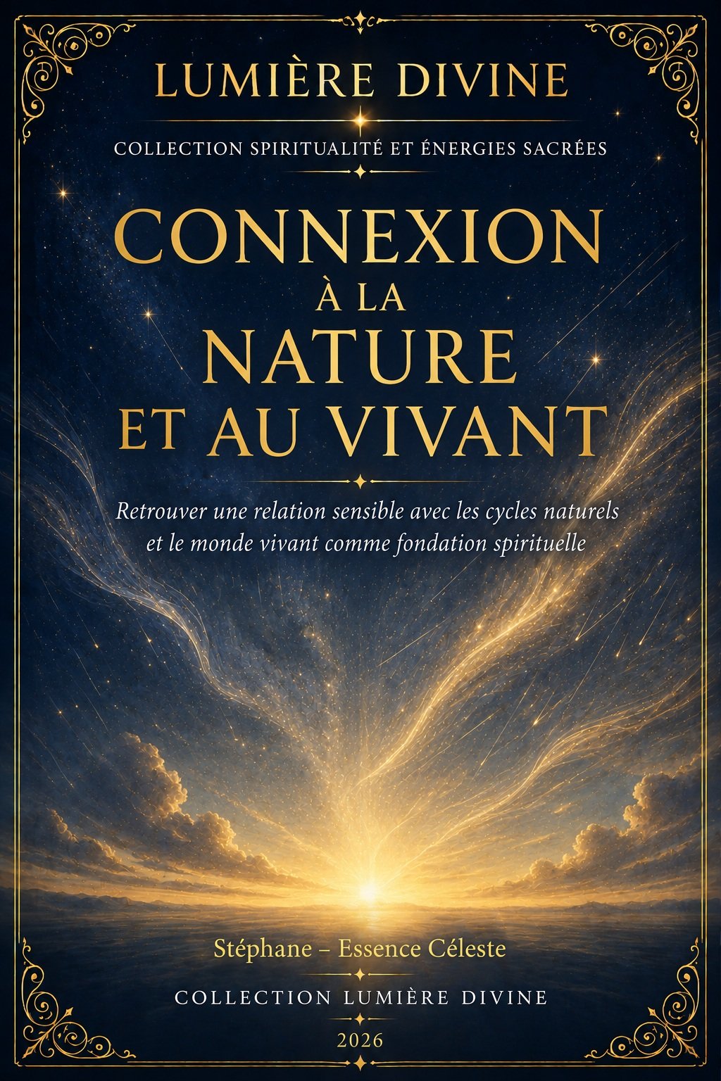 Couverture de l'ebook Connexion à la Nature et au Vivant, collection Spiritualité et Énergies Sacrées, Lumière Divine - ciel étoilé et lumière dorée à l'horizon