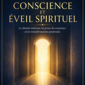 Couverture de l'ebook Conscience et Éveil Spirituel, collection Spiritualité et Énergies Sacrées, Lumière Divine - couloir sombre menant à un portail lumineux doré