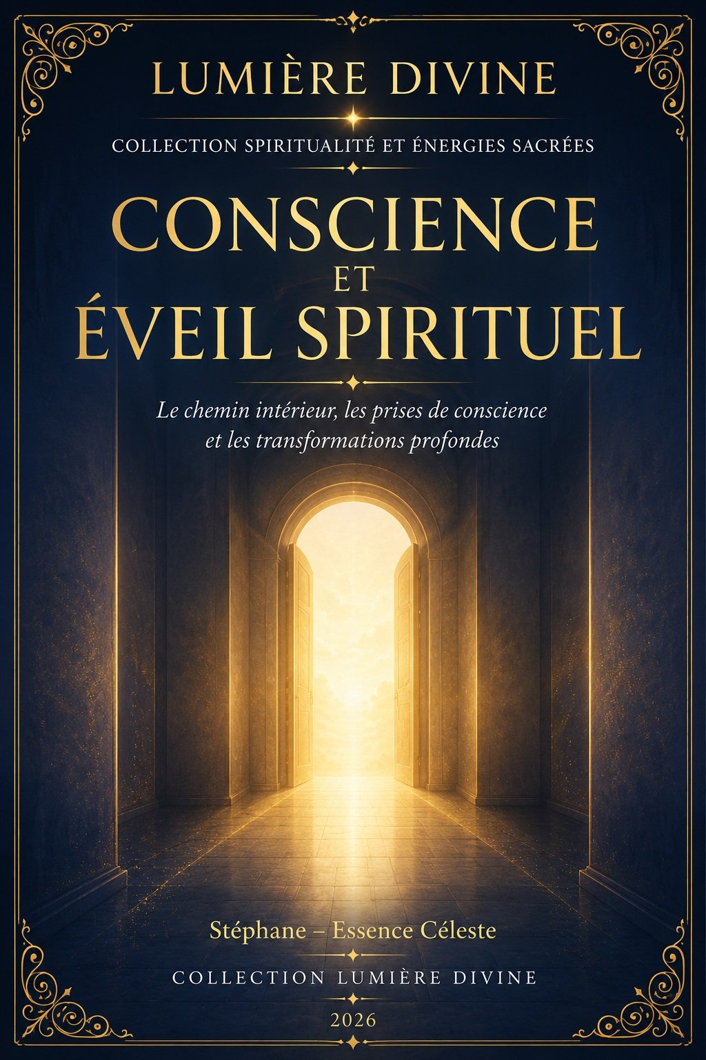 Couverture de l'ebook Conscience et Éveil Spirituel, collection Spiritualité et Énergies Sacrées, Lumière Divine - couloir sombre menant à un portail lumineux doré