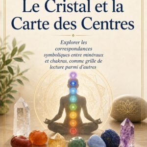 Couverture du livre numérique "Le Cristal et la Carte des Centres" de la collection Cristaux et Minéraux, Lumière Divine - silhouette en méditation entourée d'un mandala doré avec les sept centres énergétiques représentés en dégradé de couleurs, sept pierres correspondantes (cristal de roche, cornaline, citrine, aventurine, aigue-marine, lapis-lazuli, améthyste) disposées au premier plan