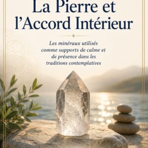 Couverture du livre numérique "La Pierre et l'Accord Intérieur" de la collection Cristaux et Minéraux, Lumière Divine - cristal de roche translucide posé sur un rocher au bord d'un lac au lever du soleil, entouré de galets empilés en équilibre, symbolisant le calme et l'harmonisation intérieure