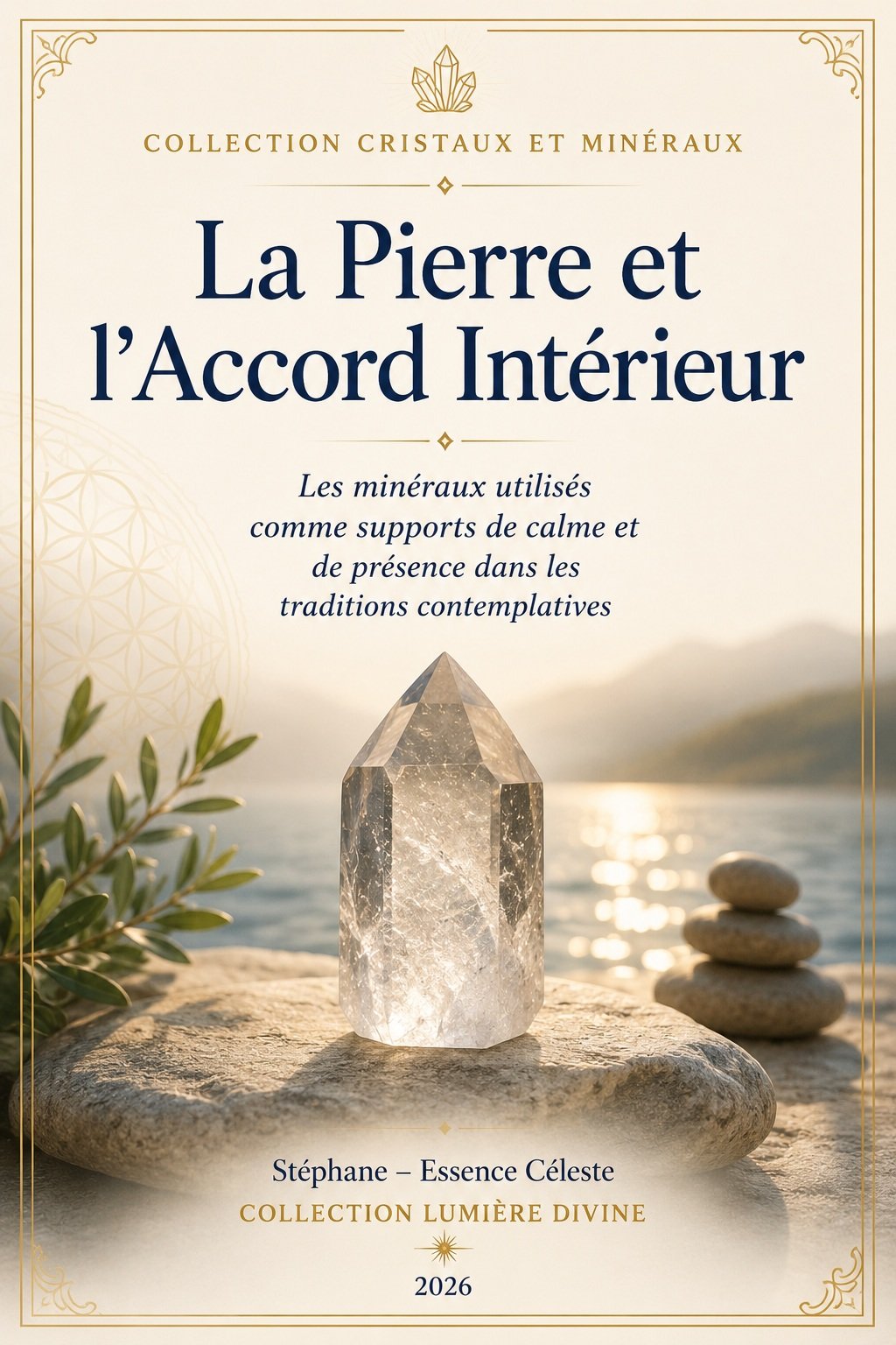 Couverture du livre numérique "La Pierre et l'Accord Intérieur" de la collection Cristaux et Minéraux, Lumière Divine - cristal de roche translucide posé sur un rocher au bord d'un lac au lever du soleil, entouré de galets empilés en équilibre, symbolisant le calme et l'harmonisation intérieure