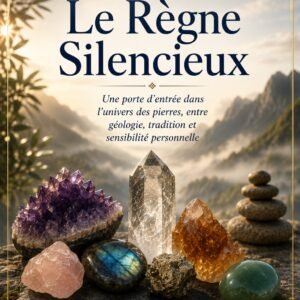 Couverture du livre numérique "Le Règne Silencieux" de la collection Cristaux et Minéraux, Lumière Divine - assortiment de minéraux (améthyste, cristal fumé, citrine, quartz rose, labradorite, pyrite, aventurine) disposés sur un rocher moussu face à un paysage de montagnes embrumées