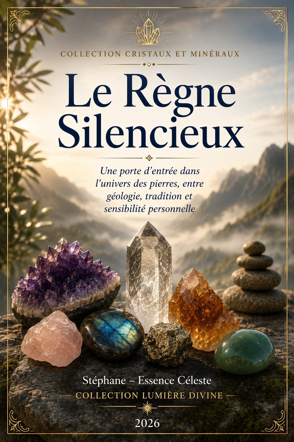 Couverture du livre numérique "Le Règne Silencieux" de la collection Cristaux et Minéraux, Lumière Divine - assortiment de minéraux (améthyste, cristal fumé, citrine, quartz rose, labradorite, pyrite, aventurine) disposés sur un rocher moussu face à un paysage de montagnes embrumées