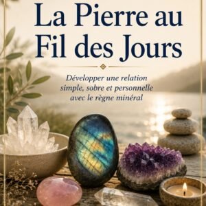 Couverture du livre numérique "La Pierre au Fil des Jours" de la collection Cristaux et Minéraux, Lumière Divine - assortiment de cristaux (druse de quartz, labradorite, améthyste, quartz rose, cristal de roche) disposés sur une table en bois près d'une bougie allumée, au bord d'un lac au coucher du soleil