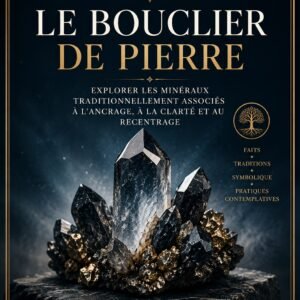 Couverture du livre numérique "Le Bouclier de Pierre" de la collection Cristaux et Minéraux, Lumière Divine - cristal de quartz fumé entouré de pyrite dorée sur fond bleu-nuit, symbolisant les minéraux de protection et d'ancrage