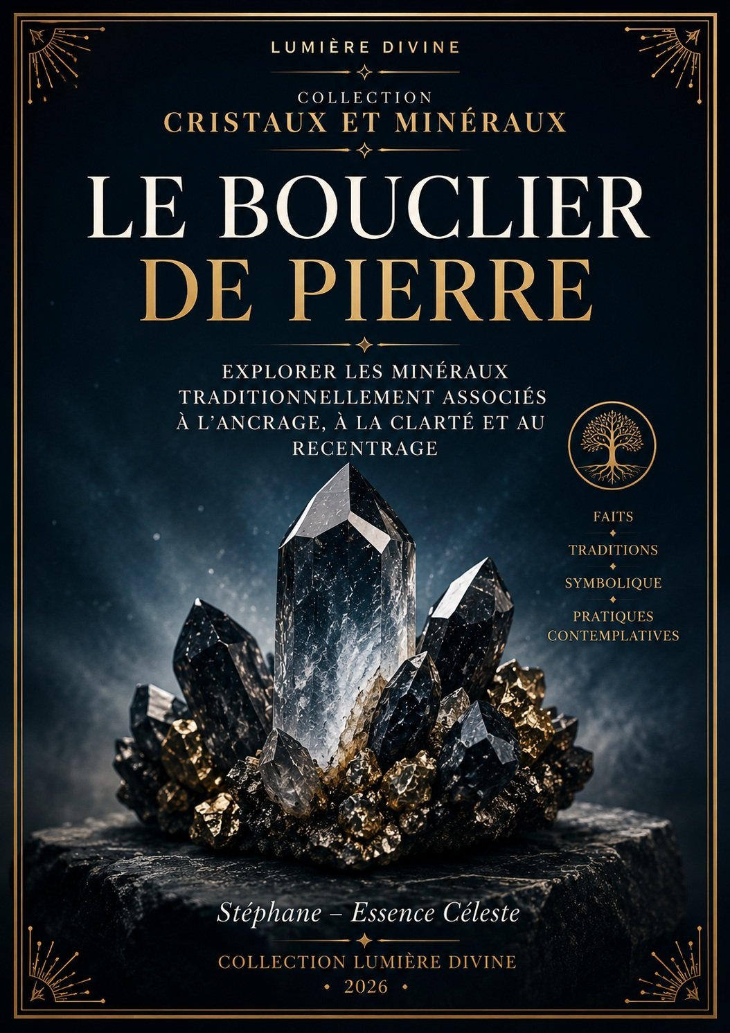 Couverture du livre numérique "Le Bouclier de Pierre" de la collection Cristaux et Minéraux, Lumière Divine - cristal de quartz fumé entouré de pyrite dorée sur fond bleu-nuit, symbolisant les minéraux de protection et d'ancrage