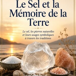Couverture du livre numérique "Le Sel et la Mémoire de la Terre" de la collection Cristaux et Minéraux, Lumière Divine - gros bloc de sel gemme transparent entouré de sel de mer, de sel rose de l'Himalaya et de coquillages, sur une plage au lever du soleil