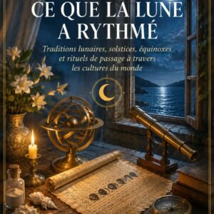 Couverture du livre Ce Que la Lune a Rythmé, collection Énergie et Vibration, Lumière Divine - sphère armillaire, longue-vue et carte des phases lunaires devant une fenêtre ouverte sur la pleine lune et la mer