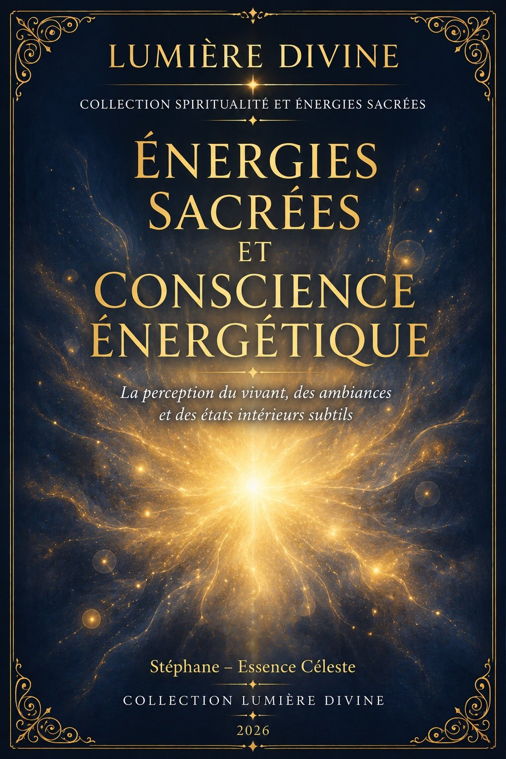 Couverture de l'ebook Énergies Sacrées et Conscience Énergétique, collection Spiritualité et Énergies Sacrées, Lumière Divine - champ lumineux doré diffus sur fond indigo étoilé