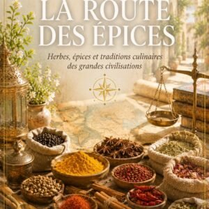 Couverture du livre numérique "La Route des Épices" de la collection Alimentation Vivante et Saisons, Lumière Divine - assortiment d'épices du monde (safran, cannelle, curcuma, badiane, piment, cardamome) dans des bols et sacs de toile, avec une balance ancienne en cuivre et une carte, dans un décor de ruelle orientale