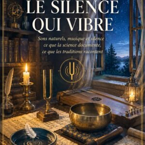 Couverture du livre Le Silence Qui Vibre, collection Énergie et Vibration, Lumière Divine — diapason, bol chantant tibétain et monocorde dans une bibliothèque nocturne éclairée à la bougie devant une fenêtre ouverte sur un ciel étoilé