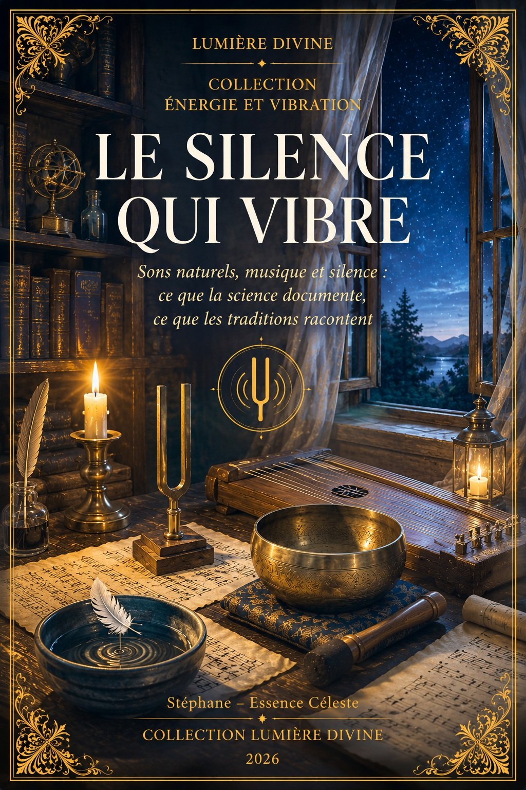 Couverture du livre Le Silence Qui Vibre, collection Énergie et Vibration, Lumière Divine — diapason, bol chantant tibétain et monocorde dans une bibliothèque nocturne éclairée à la bougie devant une fenêtre ouverte sur un ciel étoilé