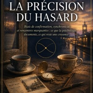 Couverture du livre La Précision du Hasard, collection Connexions d'Âmes, Lumière Divine - deux tasses de thé, une montre à gousset et un billet de train sur une table en bois devant une fenêtre ouverte sur une gare illuminée au crépuscule