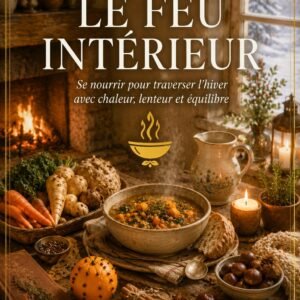 Couverture du livre numérique "Le Feu Intérieur" de la collection Alimentation Vivante et Saisons, Lumière Divine — bol de soupe fumante entouré de légumes-racines, châtaignes et épices, devant un feu de cheminée, avec une fenêtre laissant apparaître un paysage enneigé