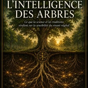 Couverture du livre numérique "L'Intelligence des Arbres" de la collection Arbres et Nature Sacrée, Lumière Divine — vue en coupe d'un grand chêne, canopée illuminée par le soleil couchant en surface, réseau racinaire lumineux doré reliant les arbres sous terre