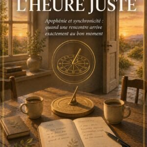 Couverture du livre L'Heure Juste, collection Signes et Synchronicités, Lumière Divine - cadran solaire miniature et carnet d'observations entre deux tasses de thé, sur une table en bois devant une porte ouverte sur un coucher de soleil