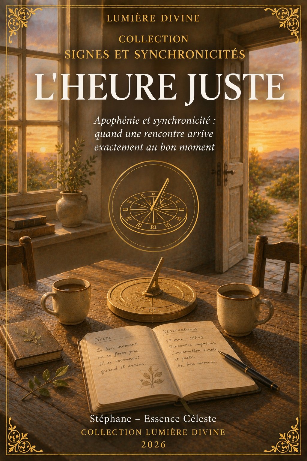 Couverture du livre L'Heure Juste, collection Signes et Synchronicités, Lumière Divine - cadran solaire miniature et carnet d'observations entre deux tasses de thé, sur une table en bois devant une porte ouverte sur un coucher de soleil