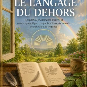 Couverture du livre Le Langage du Dehors, collection Signes et Synchronicités, Lumière Divine - carnet d'observation naturaliste ouvert près d'une fenêtre donnant sur un arc-en-ciel et un jardin après la pluie