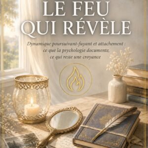 Couverture du livre Le Feu qui Révèle, collection Connexions d'Âmes, Lumière Divine - bougie protégée dans un photophore doré, miroir à main et carnet manuscrit fermé sur une table en bois devant une fenêtre lumineuse