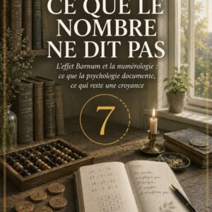 Couverture du livre Ce Que le Nombre Ne Dit Pas, collection Signes et Synchronicités, Lumière Divine - boulier ancien, jetons numérotés et carnet de calculs manuscrits sur une table en bois devant une bibliothèque et une fenêtre lumineuse