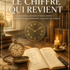 Couverture du livre Le Chiffre qui Revient, collection Signes et Synchronicités, Lumière Divine - montre de gousset ancienne, carnet d'observations manuscrit et pièces gravées de chiffres romains sur une table en bois devant une bibliothèque et une fenêtre lumineuse