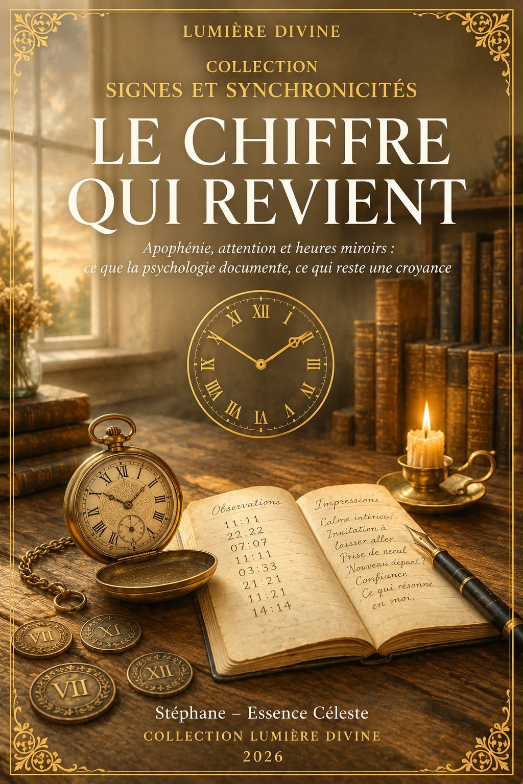 Couverture du livre Le Chiffre qui Revient, collection Signes et Synchronicités, Lumière Divine - montre de gousset ancienne, carnet d'observations manuscrit et pièces gravées de chiffres romains sur une table en bois devant une bibliothèque et une fenêtre lumineuse