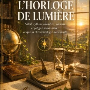 Couverture du livre L'Horloge de Lumière, collection Énergie et Vibration, Lumière Divine — cadran solaire, sablier et globe céleste anciens sur un bureau baigné de lumière matinale devant une fenêtre ouverte sur un lever de soleil