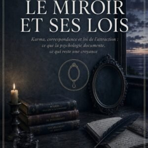 Couverture du livre Le Miroir et Ses Lois, collection Méditations et Pratiques, Lumière Divine - miroir ancien, livres de psychologie et carnet à la plume sur un bureau sombre devant une fenêtre ouverte sur le crépuscule