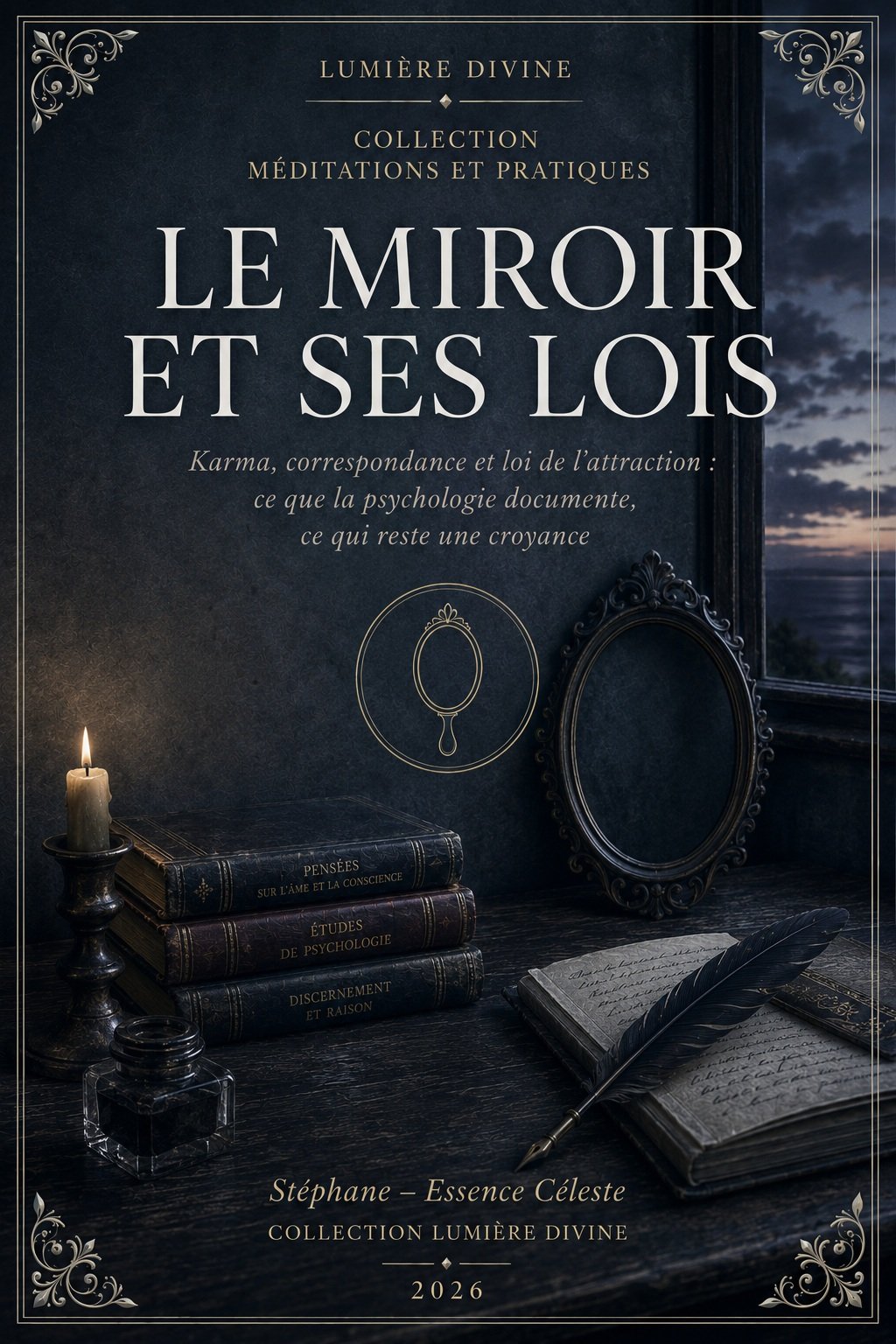 Couverture du livre Le Miroir et Ses Lois, collection Méditations et Pratiques, Lumière Divine - miroir ancien, livres de psychologie et carnet à la plume sur un bureau sombre devant une fenêtre ouverte sur le crépuscule