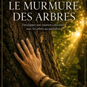 Couverture du livre numérique "Le Murmure des Arbres" de la collection Arbres et Nature Sacrée, Lumière Divine - main posée avec attention sur l'écorce moussue d'un grand arbre, lumière dorée de fin de journée filtrant à travers le feuillage en arrière-plan
