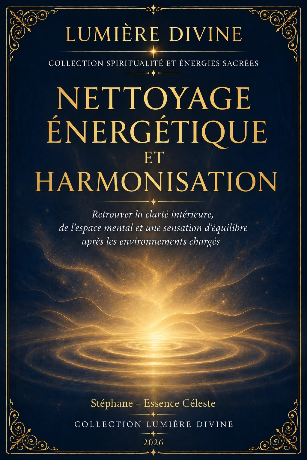 Couverture de l'ebook Nettoyage Énergétique et Harmonisation, collection Spiritualité et Énergies Sacrées, Lumière Divine - ondulations lumineuses dorées sur surface calme, fond indigo étoilé