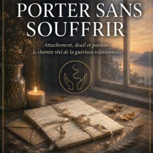 Couverture du livre Porter Sans Souffrir, collection Connexions d'Âmes, Lumière Divine - lettre manuscrite liée d'un ruban, bougie allumée et feuilles séchées sur une table en bois devant une fenêtre ouverte sur un coucher de soleil