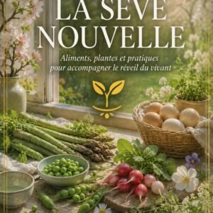 Couverture du livre numérique "La Sève Nouvelle" de la collection Alimentation Vivante et Saisons, Lumière Divine - nature morte printanière d'asperges, petits pois, radis et œufs frais sur une table en bois, devant une fenêtre ouvrant sur un jardin en fleurs