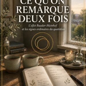 Couverture du livre Ce Qu'on Remarque Deux Fois, collection Signes et Synchronicités, Lumière Divine - deux tasses de thé identiques et un carnet d'observation ouvert sur une table en bois devant une fenêtre lumineuse
