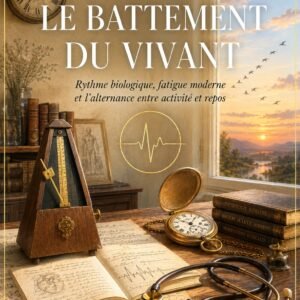 Couverture du livre Le Battement du Vivant, collection Énergie et Vibration, Lumière Divine - métronome ancien, montre à gousset et stéthoscope vintage sur un bureau au crépuscule devant une fenêtre ouverte sur un coucher de soleil